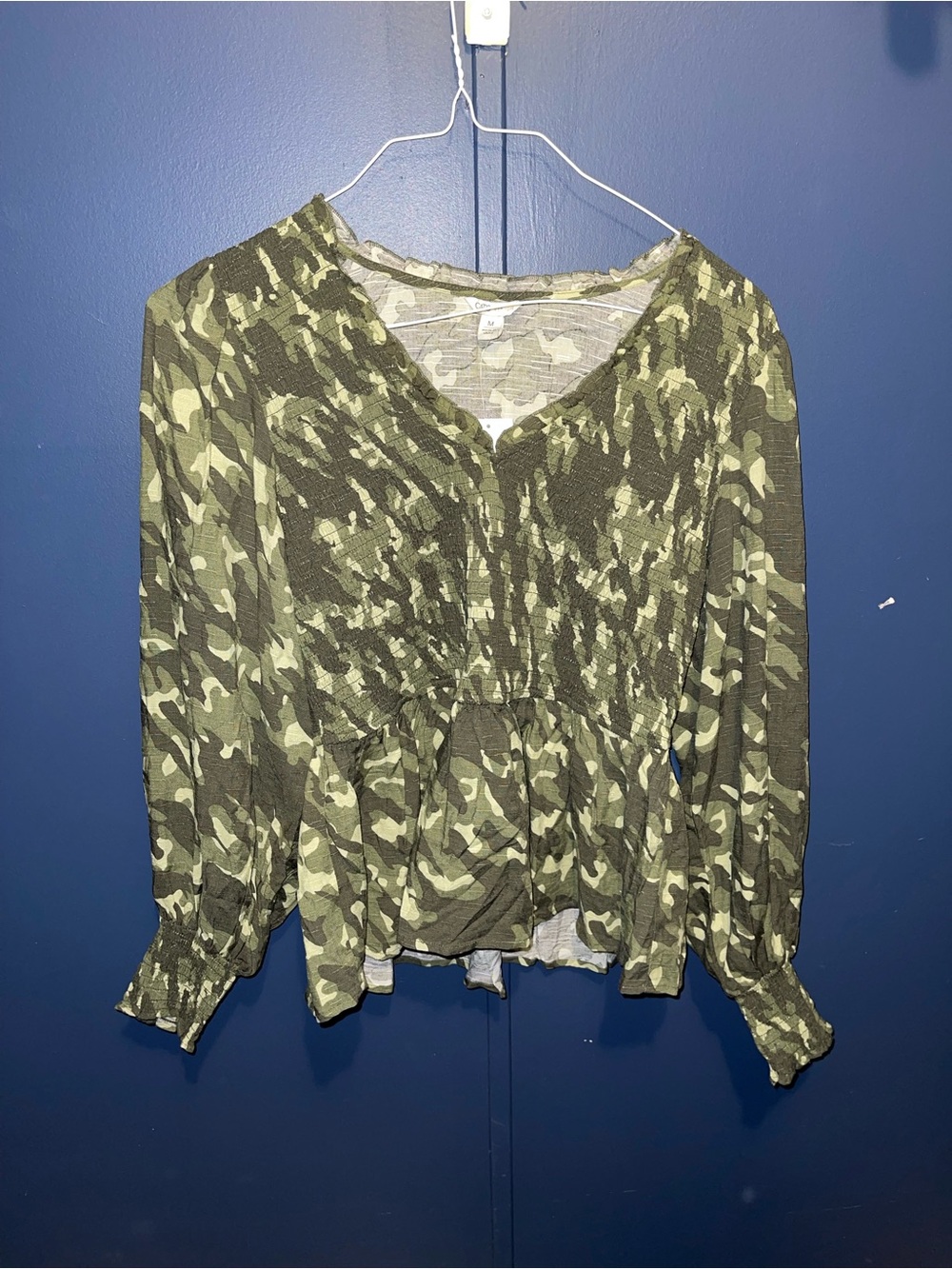 Cato Olive Green Camo V-Neck Smocked Peplum Blouse